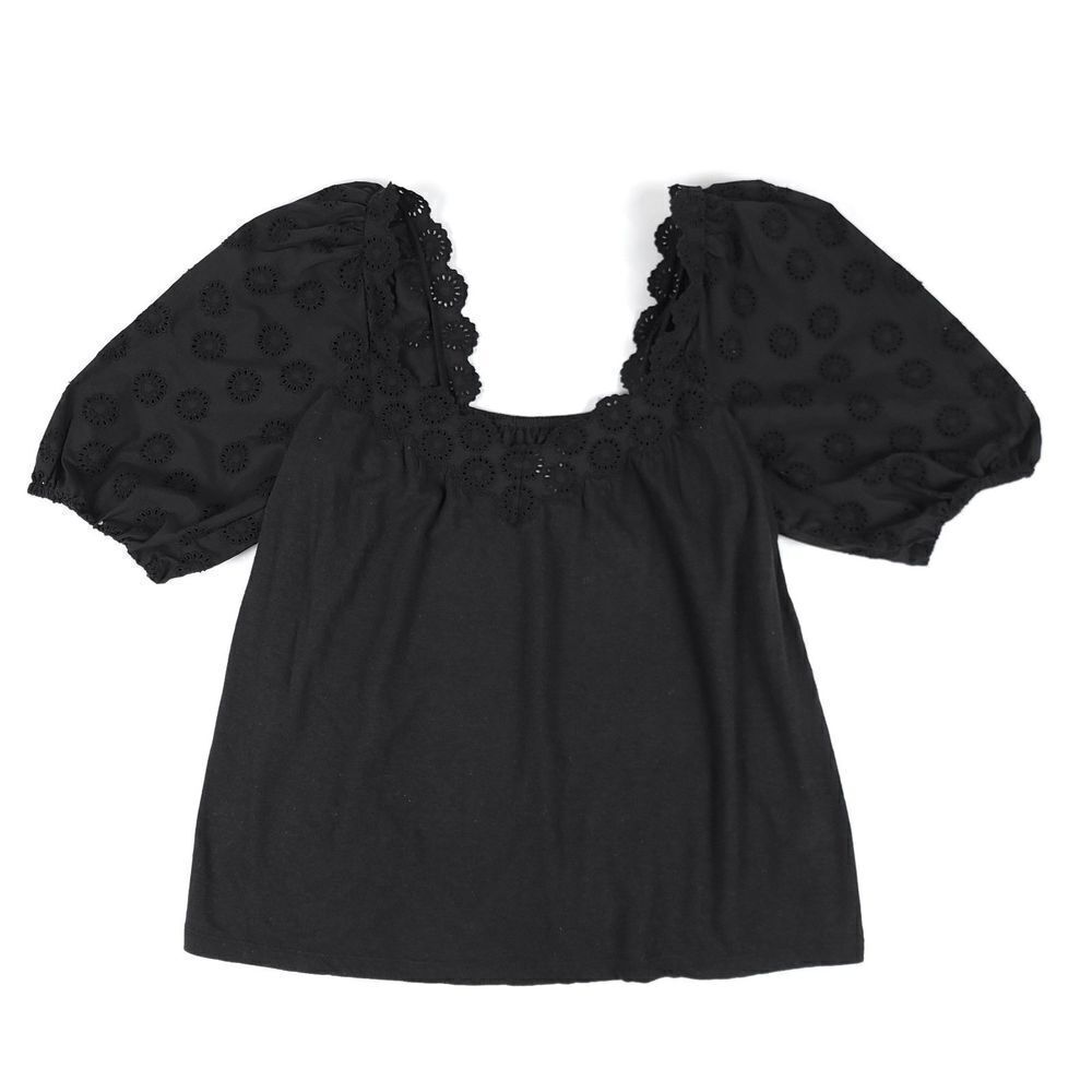 REBECCA TAYLOR Linen Alicia Puff Sleeve Peasant Eyelet Top Womens Small Black